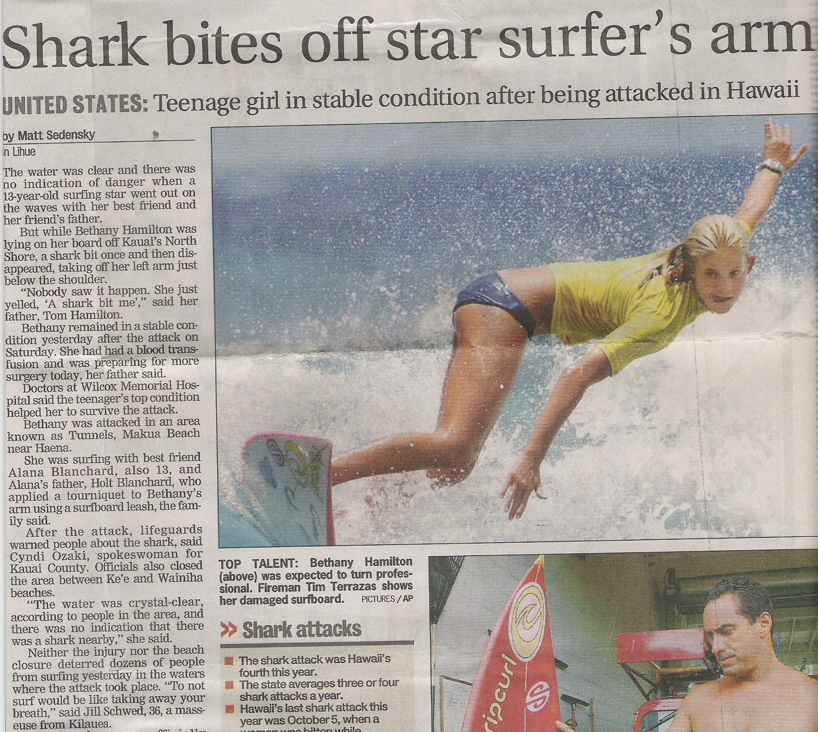 Newspaper article describing Bethany's shark attack